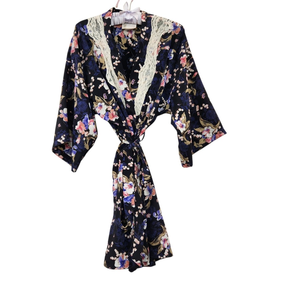 1990'S CALIFORNIA DYNASTY Rose Size Small Lace Trim Floral Robe Button Closure